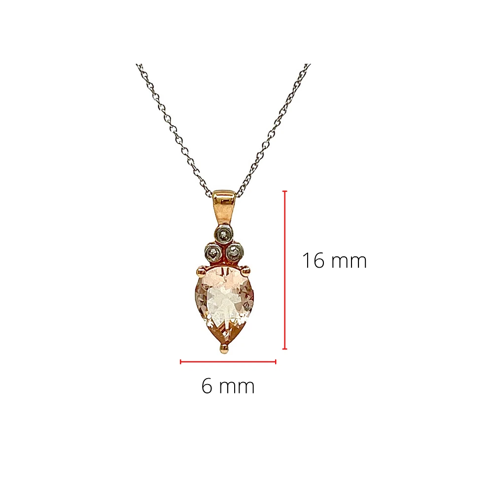 10K Rose Gold 8x6mm Pear Cut Morganite and Diamond Pendant, 18"