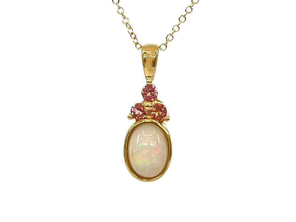 10K Yellow Gold 7x5mm Oval Cut Opal and Round Cut Pink Tourmaline Pendant - 18 Inches
