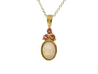 10K Yellow Gold 7x5mm Oval Cut Opal and Round Cut Pink Tourmaline Pendant - 18 Inches