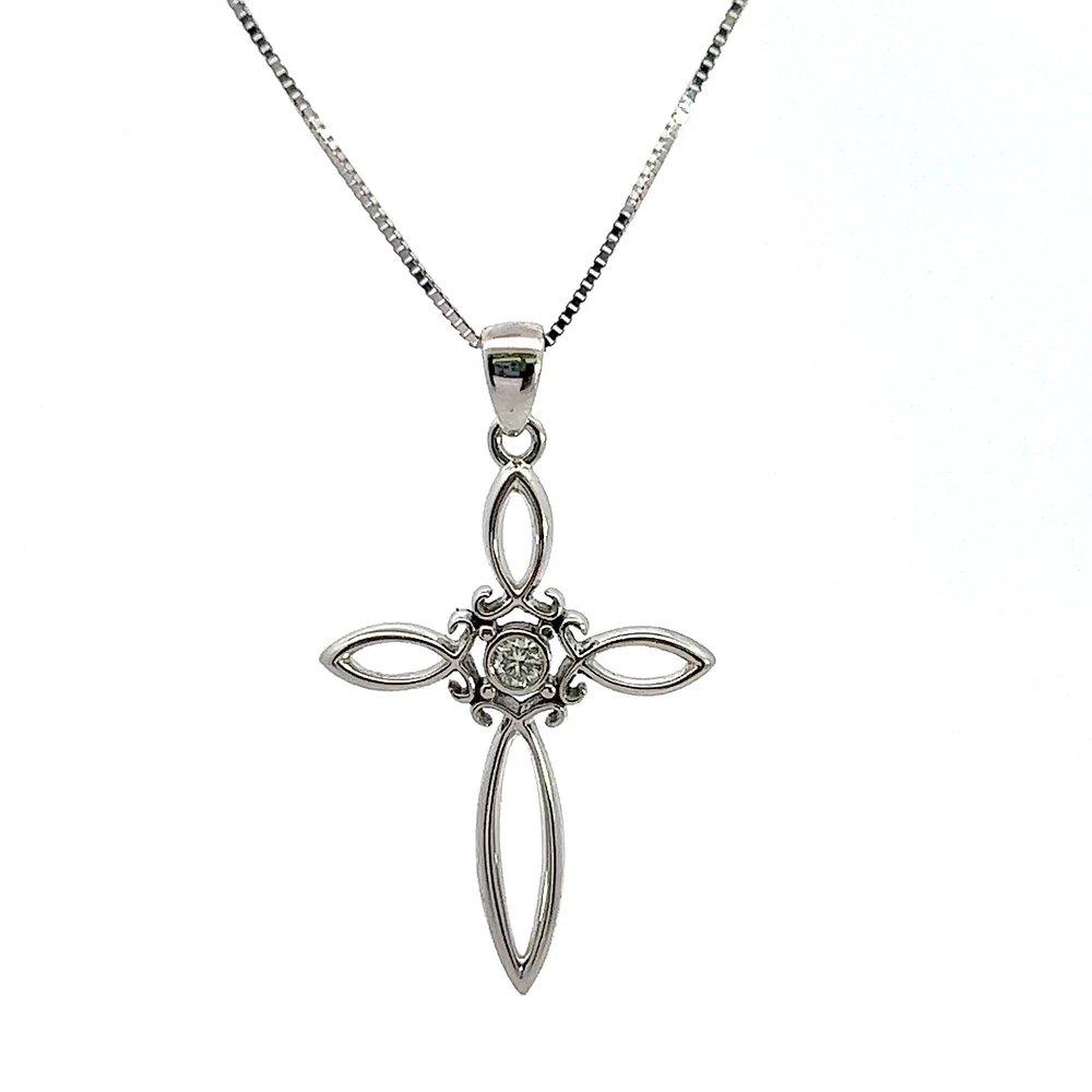 10K White Gold 0.05cttw Diamond Cross Necklace, 18"