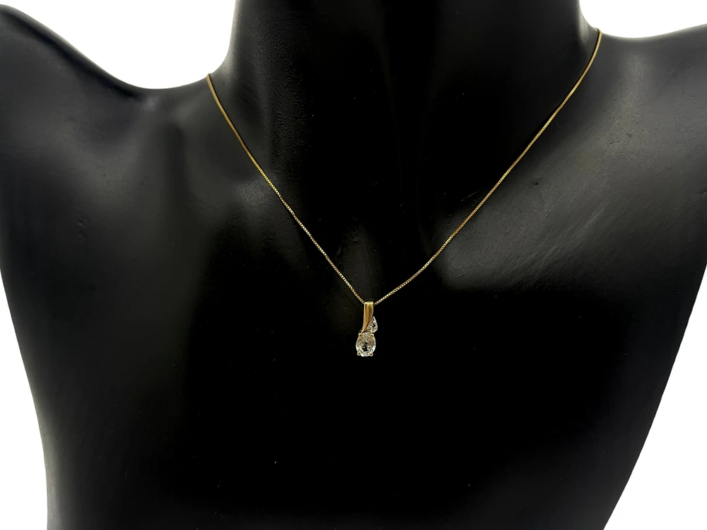 10K Yellow Gold White Zircon and Diamond Pendant, 18"