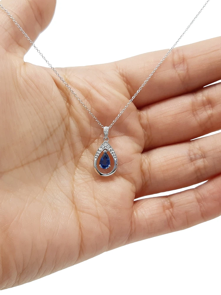 10K White Gold Sapphire and Diamond Pendant, 18"