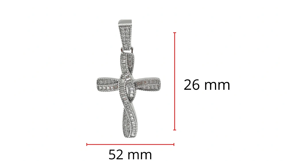 925 Sterling Silver Rhodium Plated Hip Hop Baguettes Cubic Zirconia Cross Pendant - 46mm x 25mm