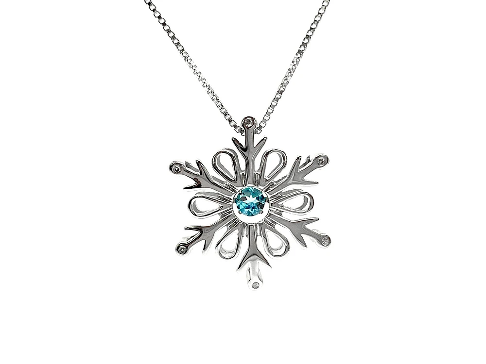 925 Sterling Silver 3.5mm Blue Topaz and 0.018cttw Diamond Snowflake Pulse Pendant - 18"