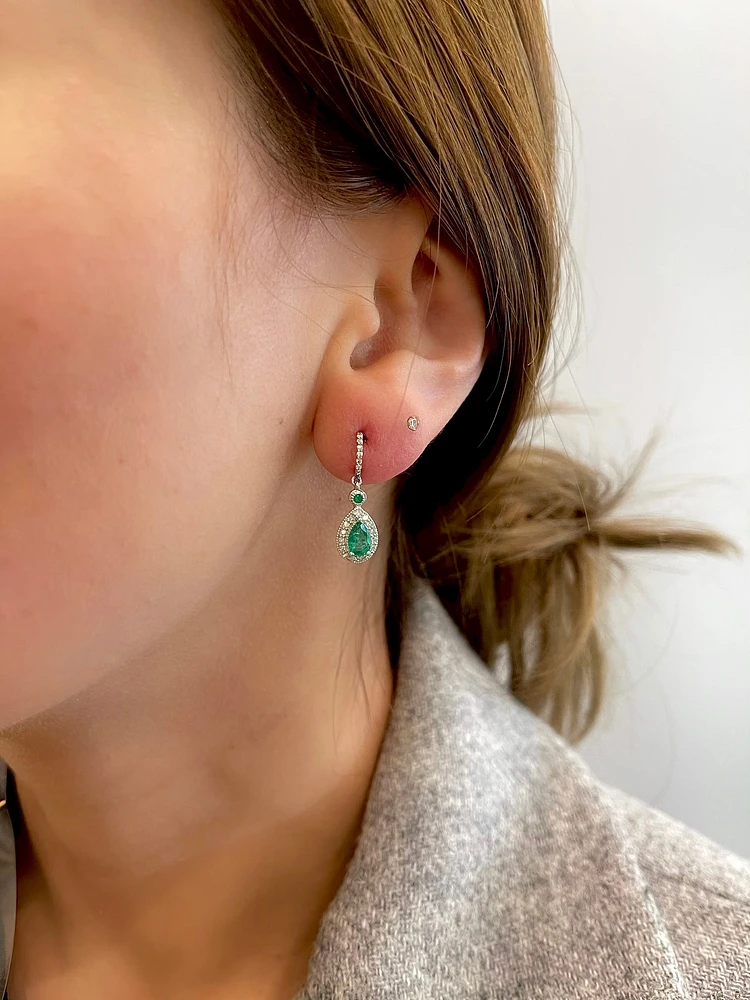 10K White Gold Genuine Emerald & Diamond Earrings