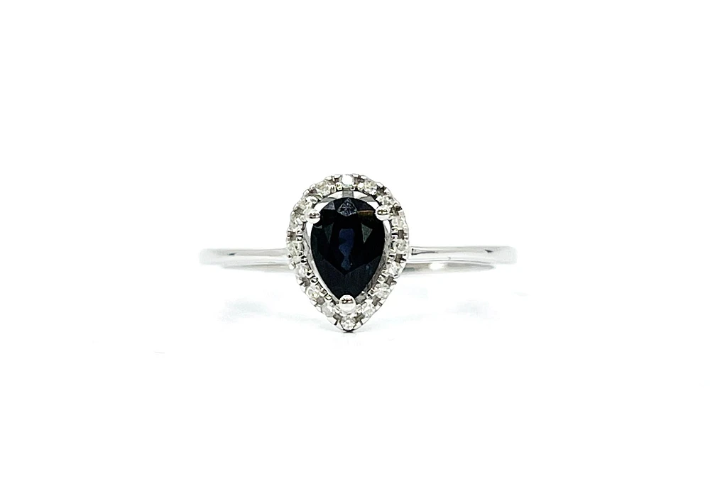 10K White Gold 0.60cttw Genuine Pear Shaped Sapphire and 0.16cttw Diamond Ring