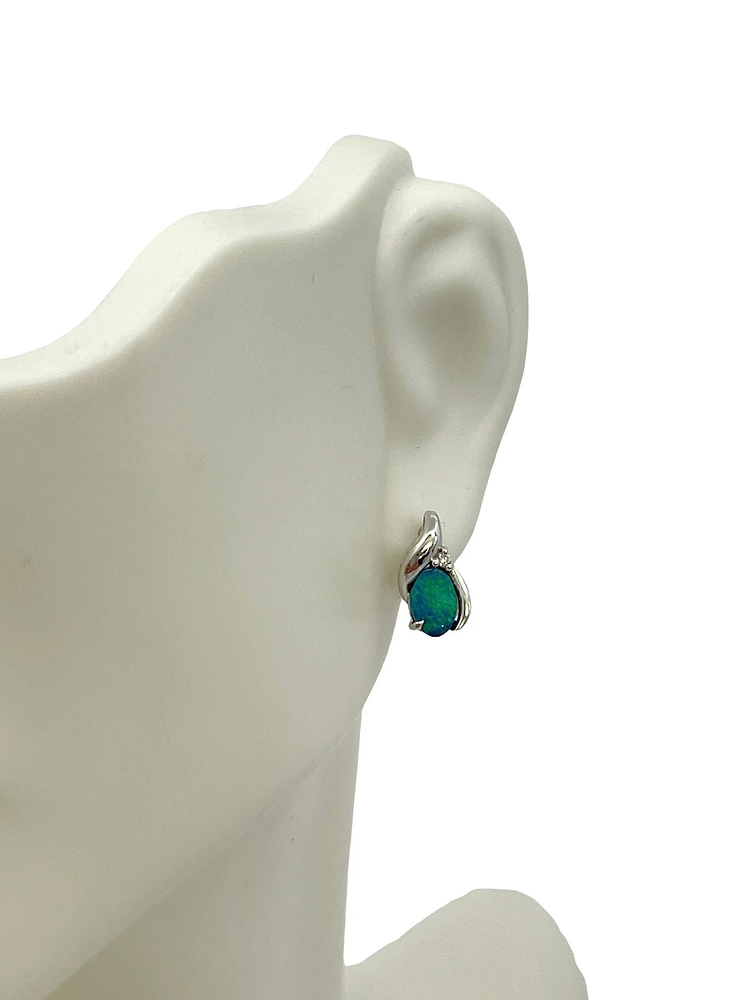 10K White Gold 4mm x 6mm Australian Doublet Opal and 0.02cttw Diamond Earrings