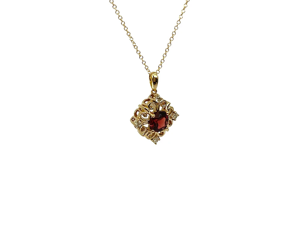 10K Yellow Gold 5mm Round Cut Garnet and 0.09cttw Diamond Pendant - 18 inches