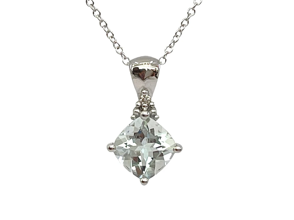 10K Gold 6.0mm Cushion Cut Aquamarine & 0.008cttw Diamond Pendant