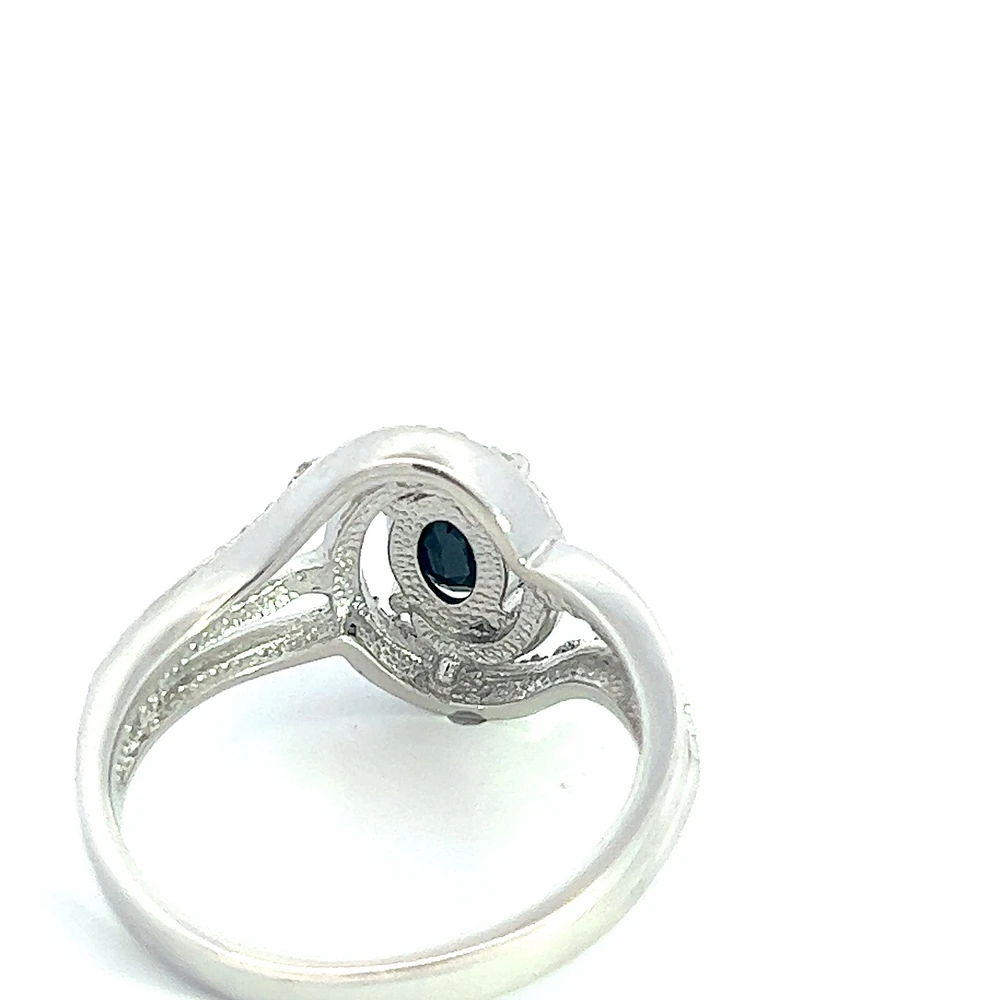 925 Sterling Silver 7 x 5mm Blue Sapphire and 0.03cttw Diamond Ring - Size 6