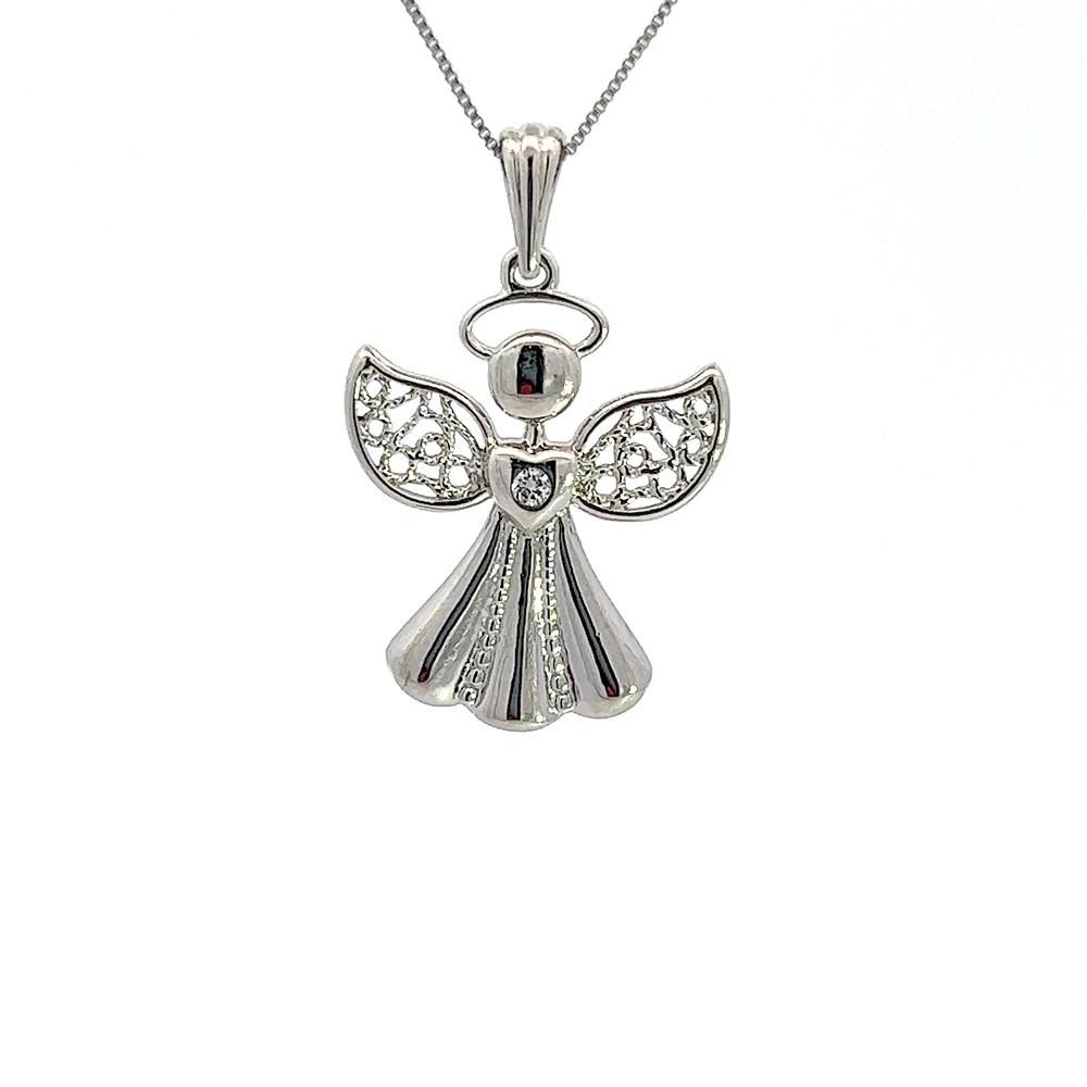 10K White Gold 0.015 cttw  Diamond  Angel Pendant, 18"