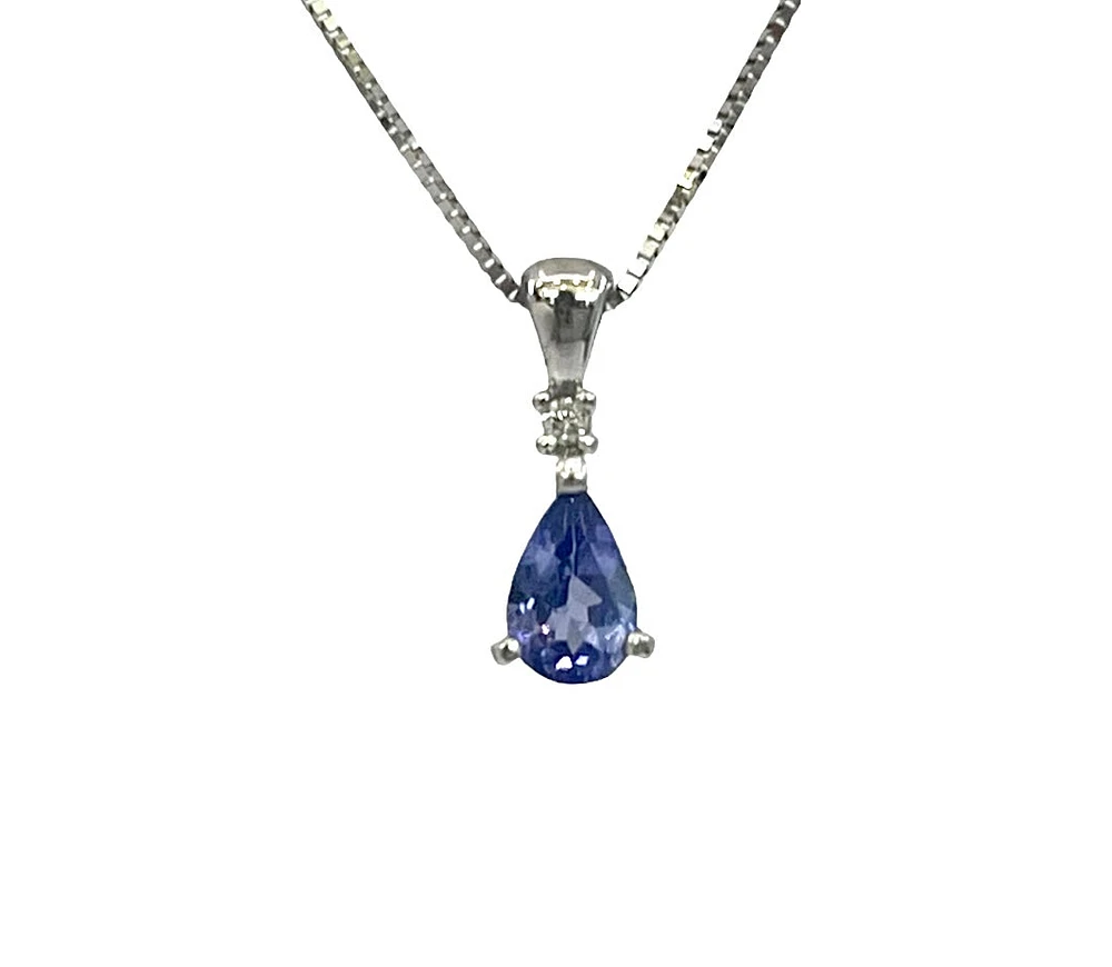 10K White Gold Genuine Tanzanite & Diamond Pendant - 18"