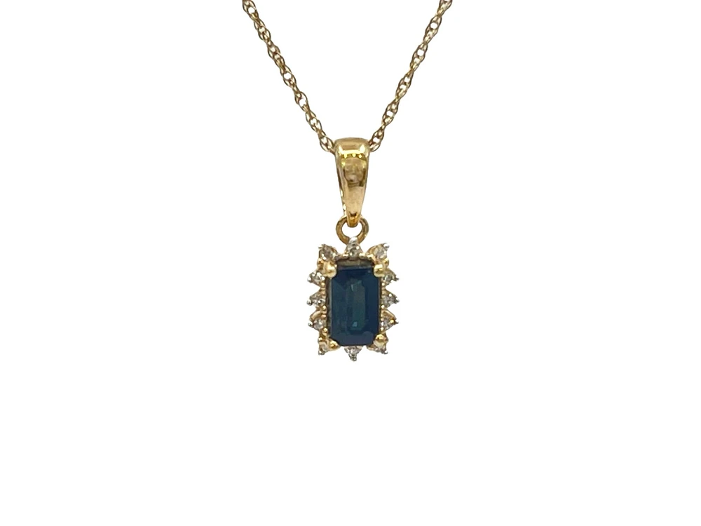 10K Yellow Gold 6x4mm Emerald Cut Sapphire and 0.04cttw Diamond Pendant, 18"
