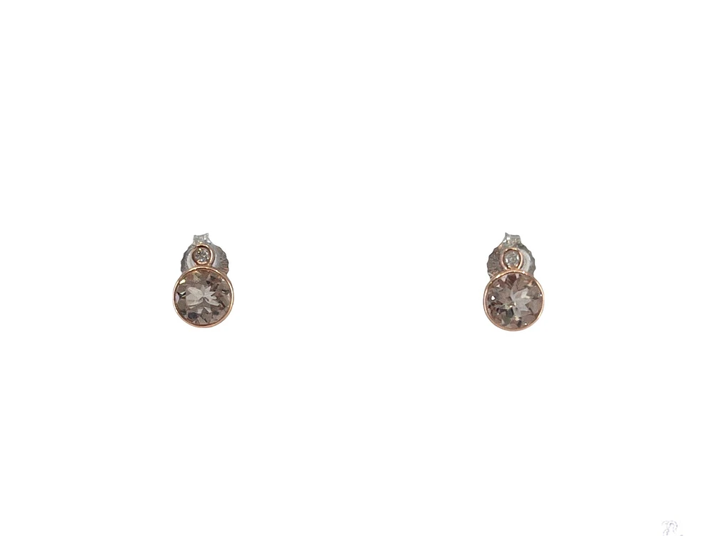 10K Two Tone Rose and White Gold 5mm Morganite and 0.02cttw Diamond Stud Earrings.