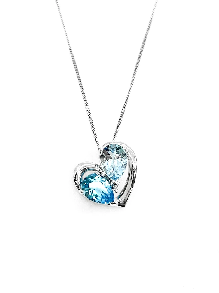 10K White Gold 7x5mm Blue Topaz, 7x5mm Aquamarine and 0.006cttw Diamond Pendant