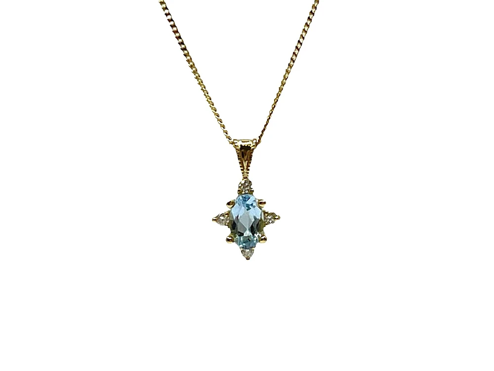 10K Yellow Gold 0.22cttw Aquamarine and 0.03cttw Diamond Pendant, 18"