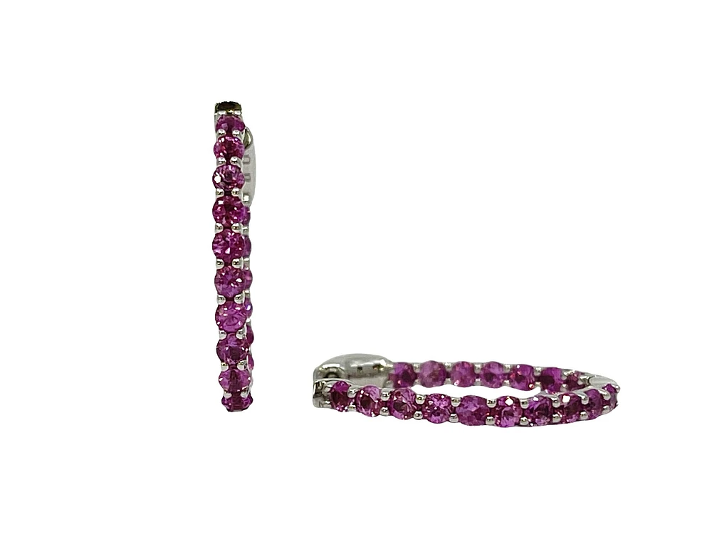 14K White Gold Pink Sapphire Hoop Earrings