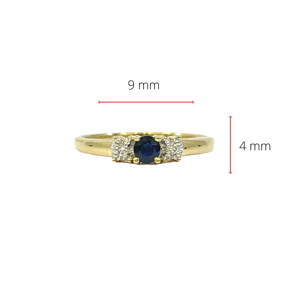 10K Yellow Gold Sapphire and Diamond 3 Stone Ring - Size 6