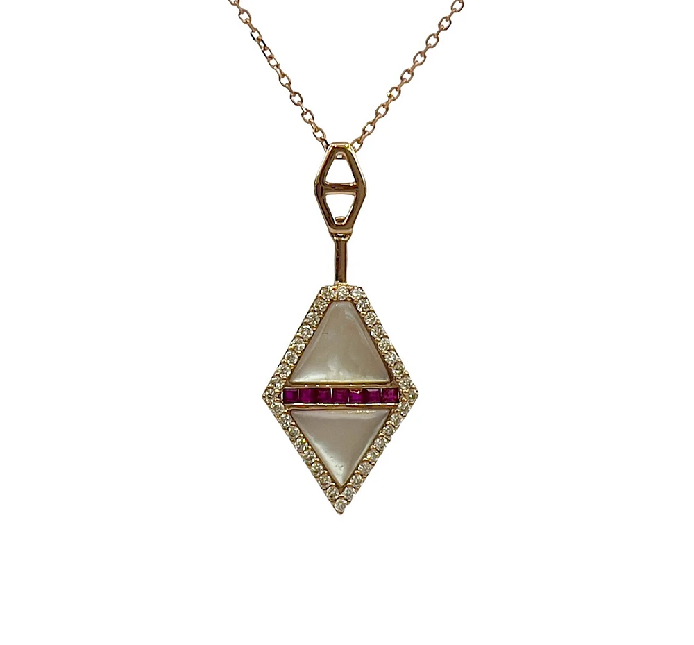 14K Rose Gold Ruby, Mother of Pearl and Diamond Necklace, 18"