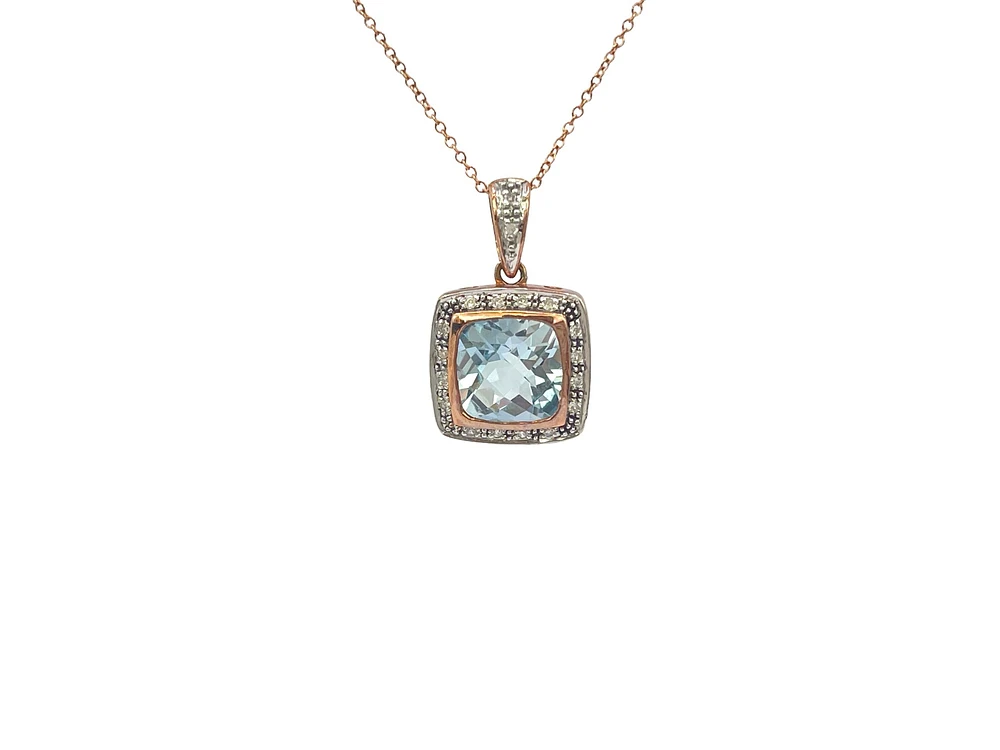 10K Rose Gold 8mm Cushion Cut Blue Topaz and 0.063cttw Diamond Pendant, 18"