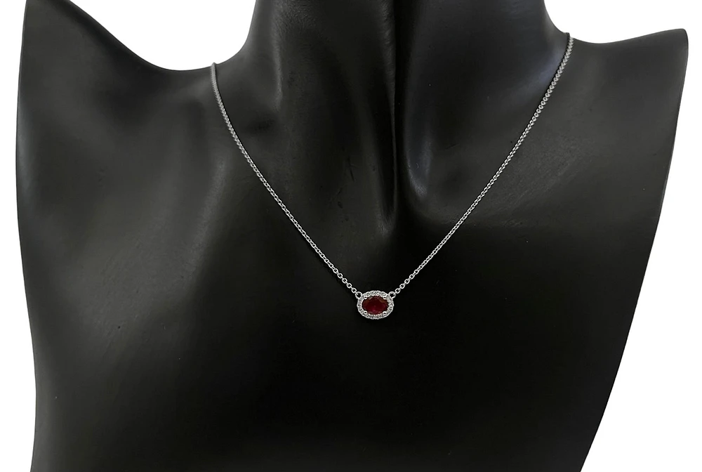 18K White Gold Ruby and Diamond Halo Necklace, 16-18"