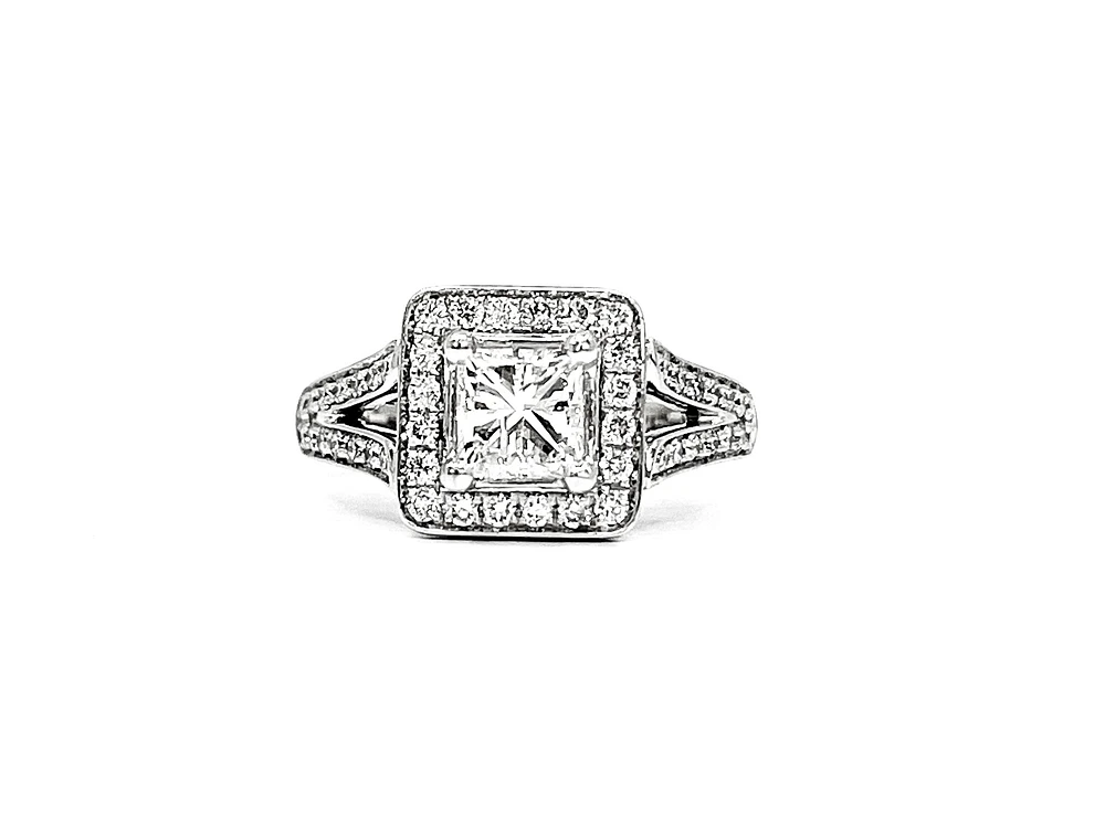 14K White Gold 1.27cttw Princess Cut Diamond Halo Engagement Ring, size 6