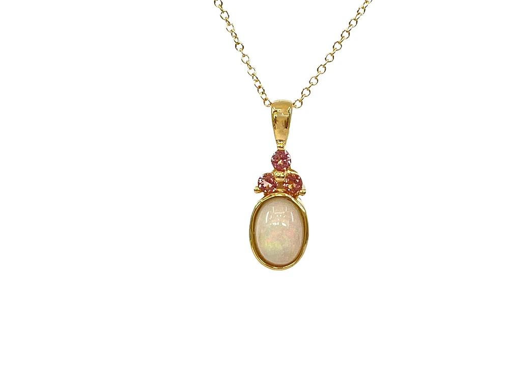 10K Yellow Gold 7x5mm Oval Cut Opal and Round Cut Pink Tourmaline Pendant - 18 Inches
