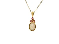 10K Yellow Gold 7x5mm Oval Cut Opal and Round Cut Pink Tourmaline Pendant - 18 Inches
