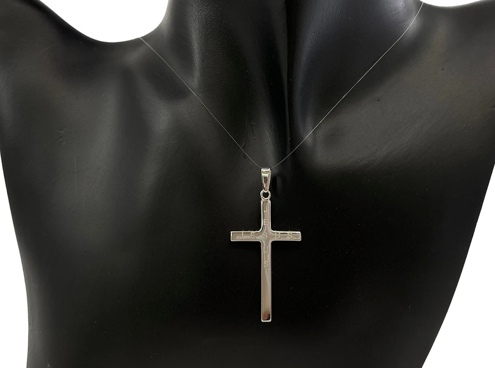 925 Sterling Silver 40mm x 21mm Hollow Cross Charm with "JESUS" Engraved
