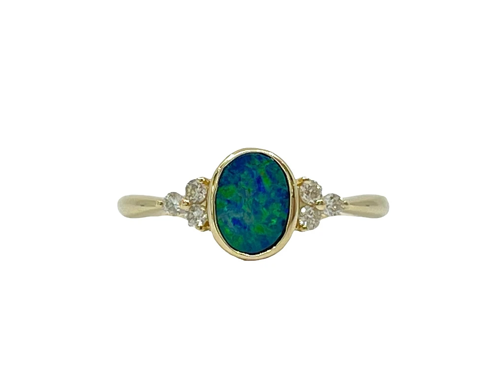 10K Yellow Gold 0.75cttw Genuine Australian Doublet Opal and 0.13cttw Diamond Ring, size 7