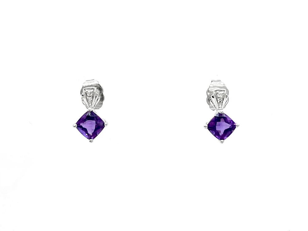 10K White Gold 1.00cttw Genuine Amethyst & 0.02cttw Diamond Earrings