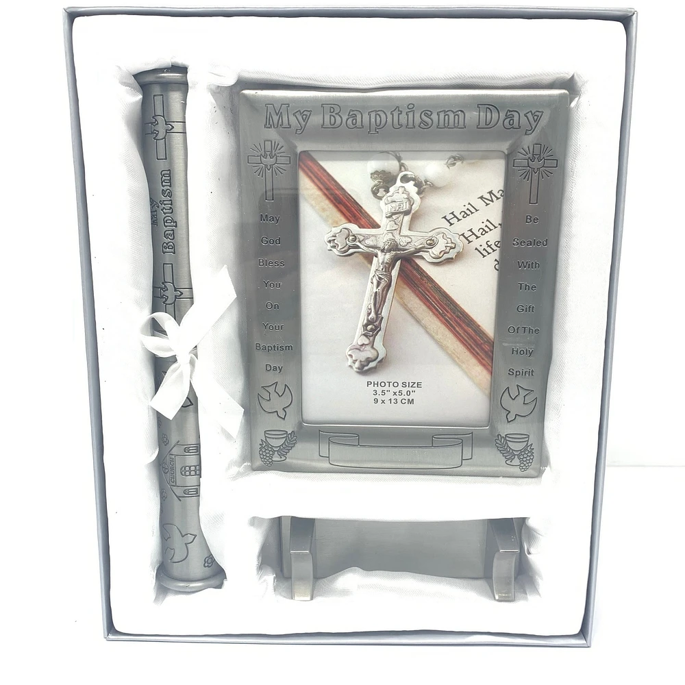 Pewter Baptism Frame with Certificate Holder and Stand