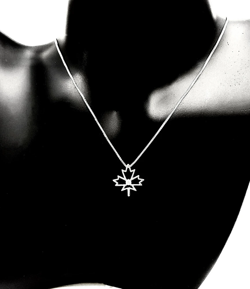 Sterling Silver Canadian Diamond Maple Leaf Pendant, 18"