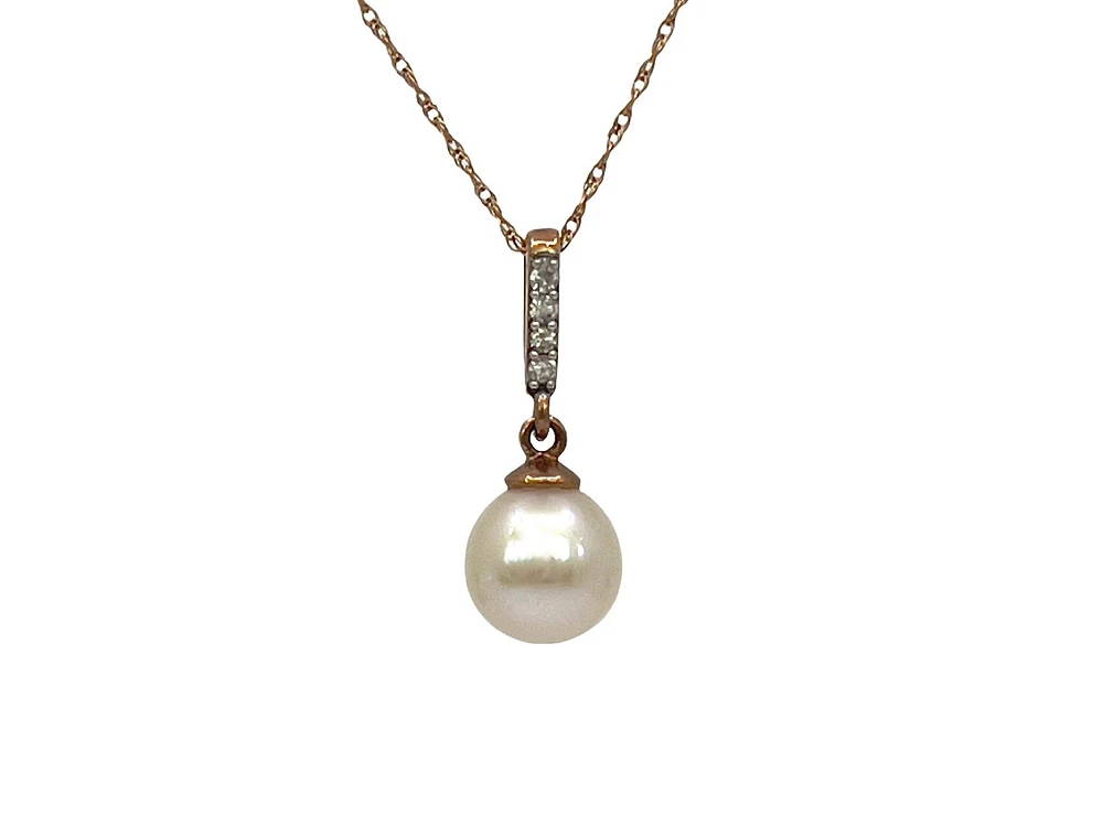 10K Rose Gold Fresh Water Pearl and Diamond Pendant, 18"