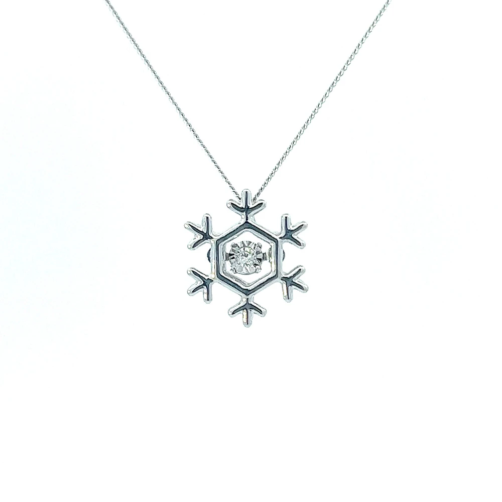 10K White Gold 0.02 cttw Canadian Diamond Snowflake Pulse Pendant, 18"