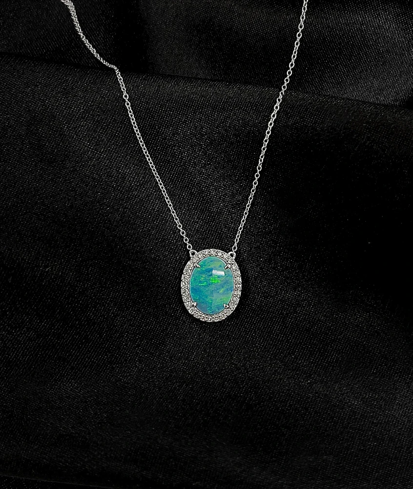 10K White Gold Custom Made Australian Opal Doublet and Diamond Pendant, 18"