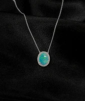 10K White Gold Custom Made Australian Opal Doublet and Diamond Pendant, 18"