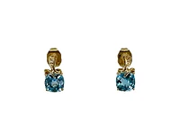 10K Yellow Gold Genuine Swiss Blue Topaz and Diamond Dangle Earrings