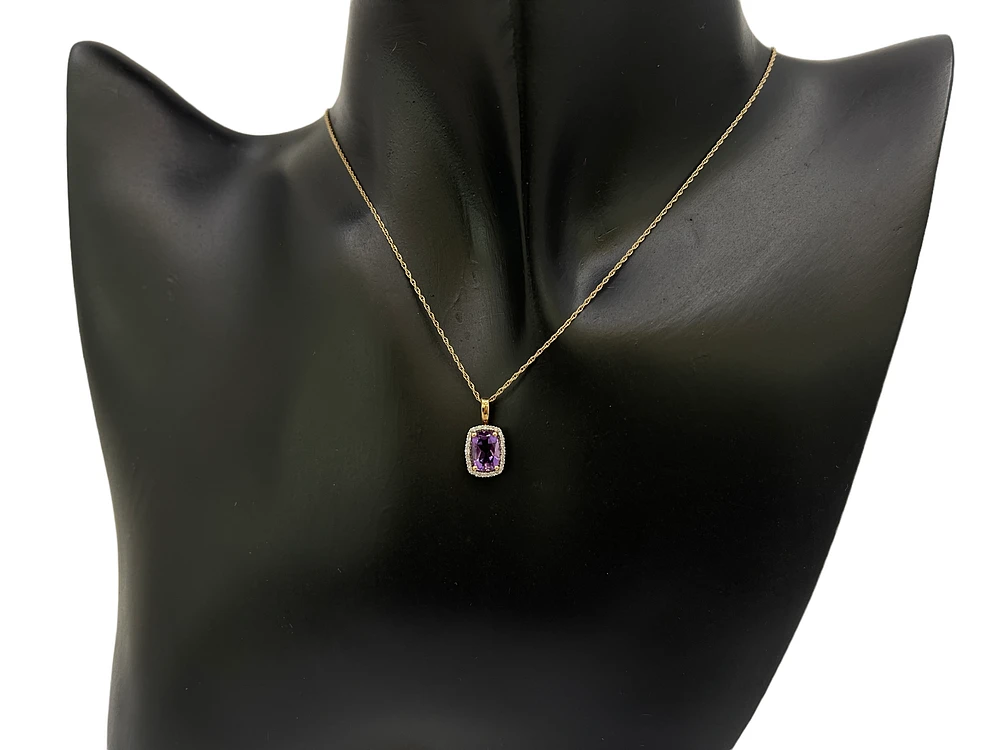 10K Yellow Gold Amethyst and Diamond Pendant, 18"