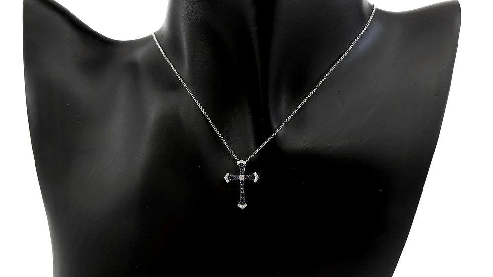 10K White Gold 0.15cttw Sapphire and 0.07cttw Diamond Cross Pendant - 18 inches