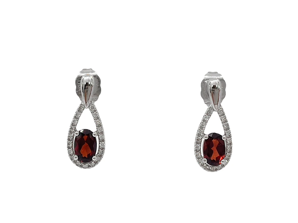 10K White Gold 1.00cttw Oval Cut Garnet and 0.14cttw Diamond Earrings