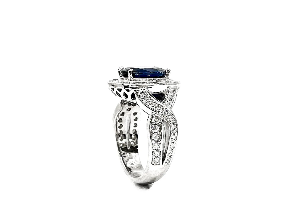 14K White Gold 3.16cttw Genuine Sapphire & 1.15cttw Diamond Ring, Size 6