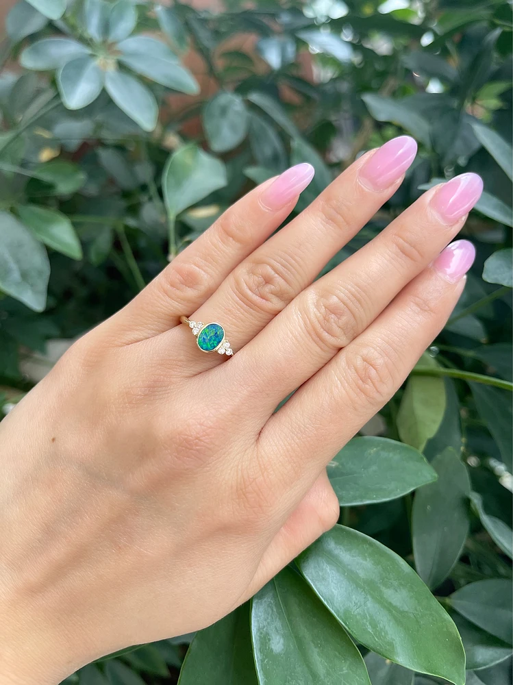 10K Yellow Gold 0.75cttw Genuine Australian Doublet Opal and 0.13cttw Diamond Ring, size 7