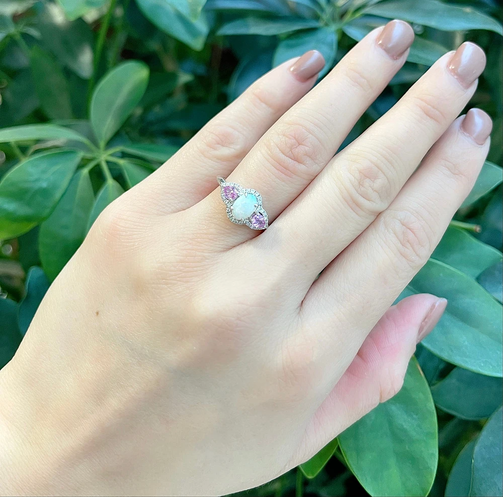 10K White Gold 7 x 5mm Opal, 0.50cttw Pink Sapphire and 0.30cttw Diamond Ring