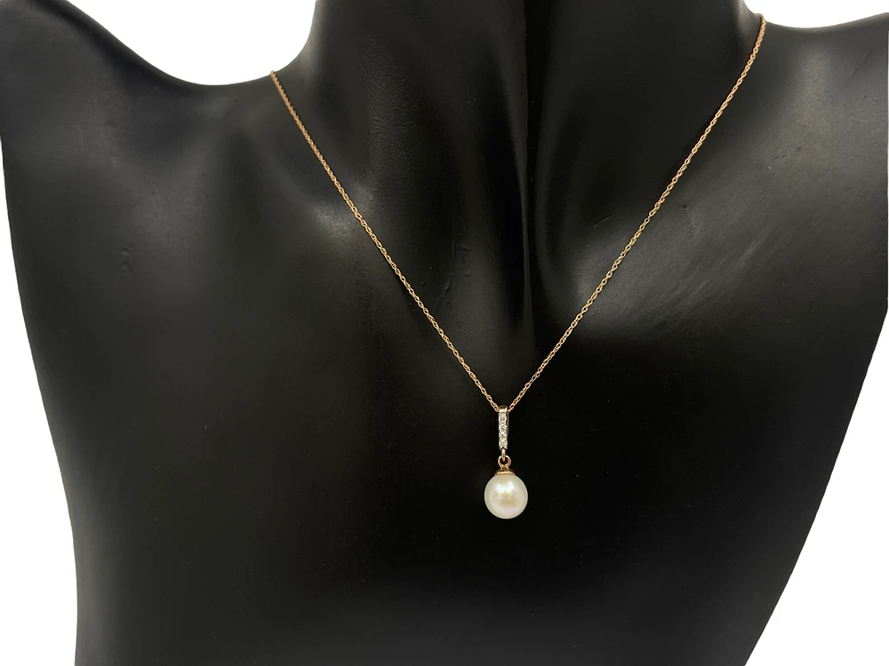 10K Rose Gold Fresh Water Pearl and Diamond Pendant, 18"