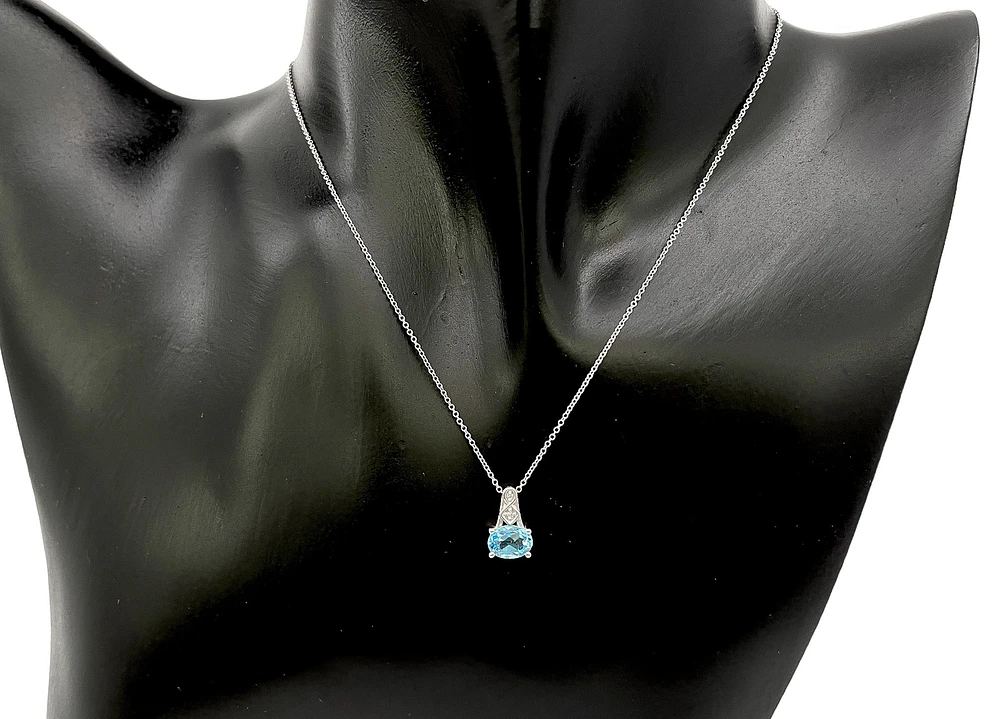 10K White Gold Blue Topaz and Diamond Pendant, 18"