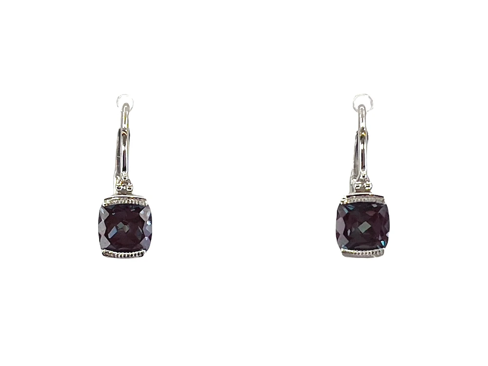 10K White Gold 5mm Cushion Cut Created Alexandrite and 0.01cttw Diamond Earrings