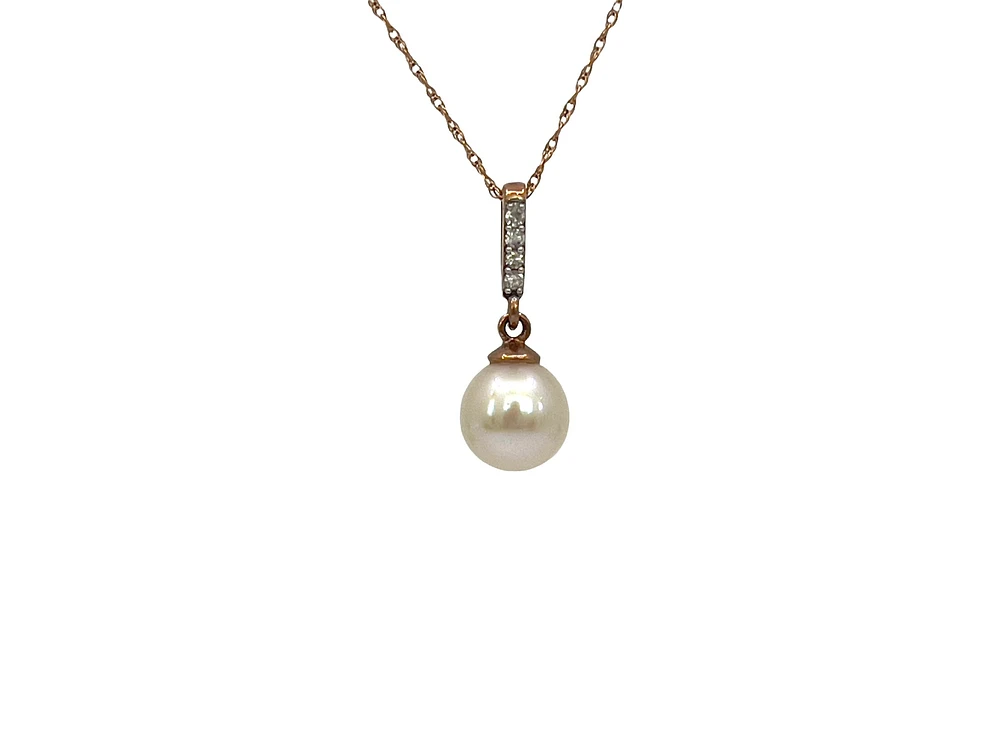 10K Rose Gold Fresh Water Pearl and Diamond Pendant, 18"