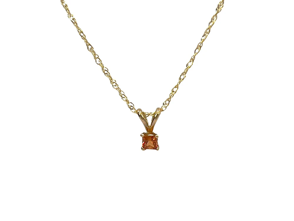 10K and 14K Yellow Gold Princess Cut Orange Sapphire Pendant, 18"