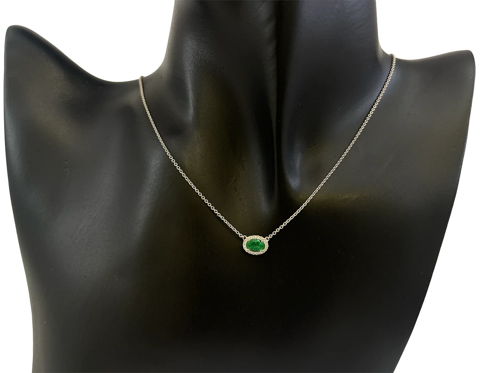 18K White Gold  Oval Cut Emerald and Diamond Halo Necklace, 16-18"